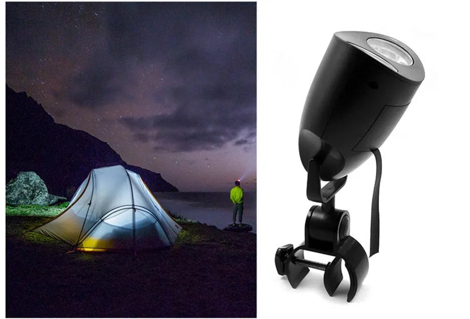 LED grill light with 10 F5 LED beads, 100LM white light, 360-degree rotating head, and touch dimmer
