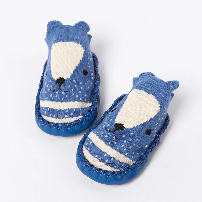 Set of cartoon baby non-slip floor socks in combed cotton with colour options including pink, blue, and grey