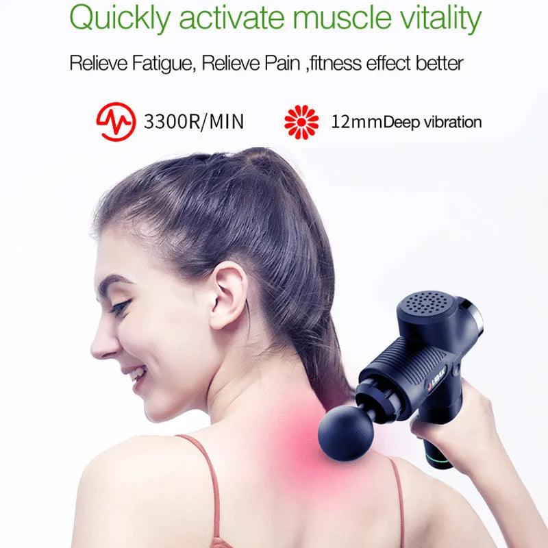 Fascia massage gun with 24V brushless motor, 30-speed control, six soft massage heads, and 2400mAh lithium battery in black.