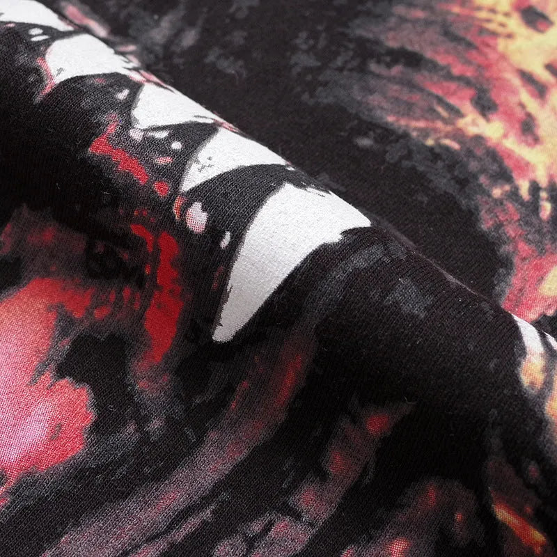 3D printed big evil dog head graphic on black combed cotton short-sleeved T-shirt, front view