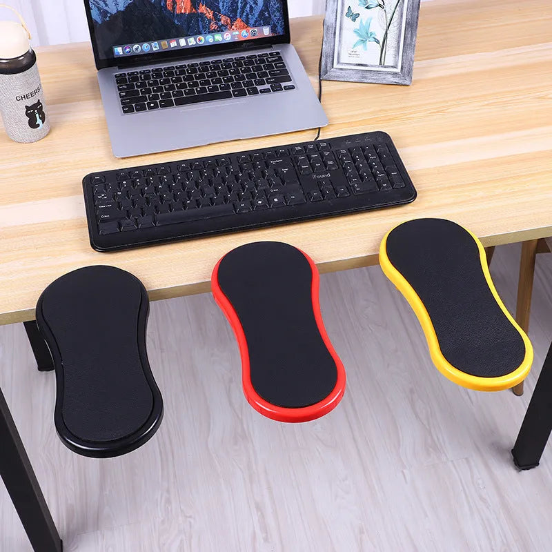 Ergonomic computer hand bracket mouse wrist pad in black leather finish with non-slip rubber base on a desk
