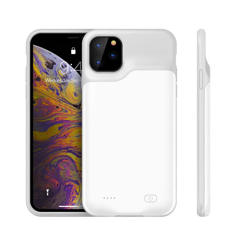 Shockproof silicone battery charger case for iPhone in black, blue, pink, or white, showing integrated high-capacity battery.