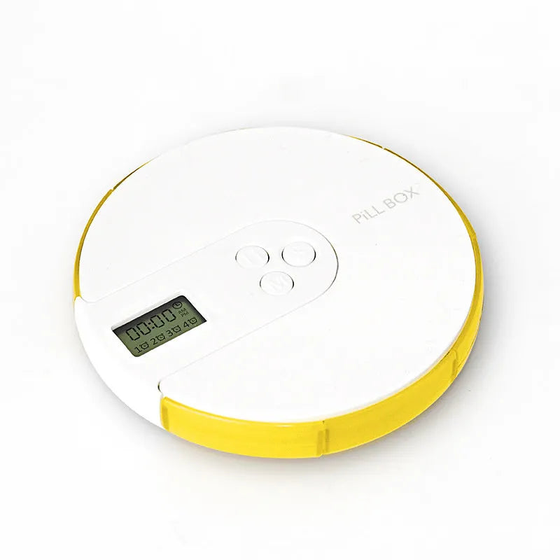 Compact blue 7-compartment alarm clock pill dispenser with digital timer display.