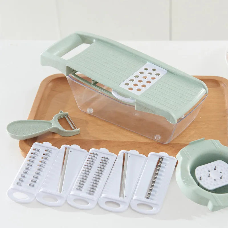 Multi-function vegetable chopper with 8 stainless steel blades, 28cm, brown plastic body, safety protector and blades on display