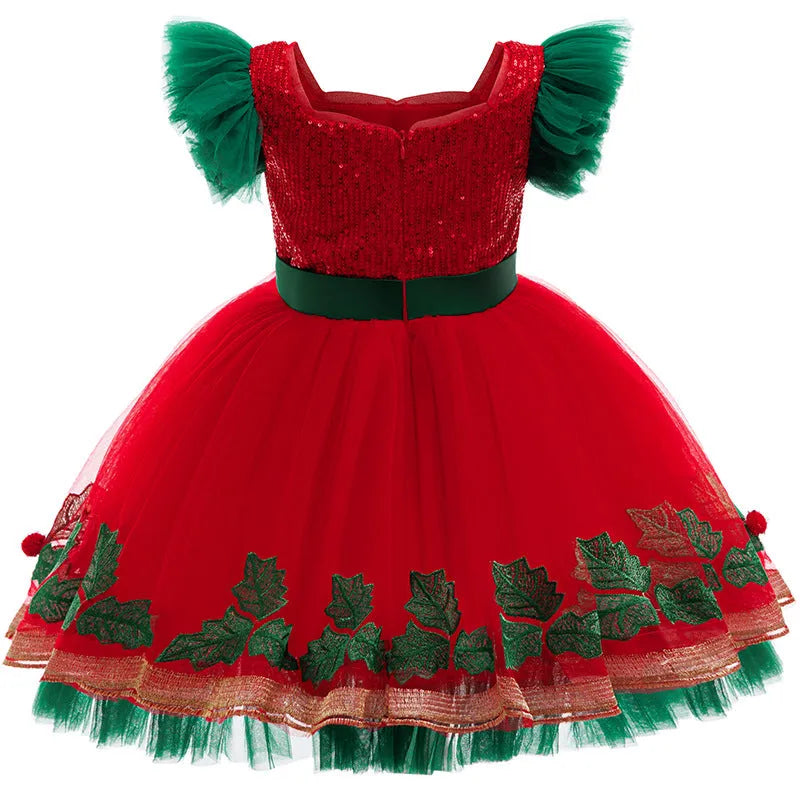 Children's colour-block princess dress with lace in D1557 red, suitable for heights up to 150cm