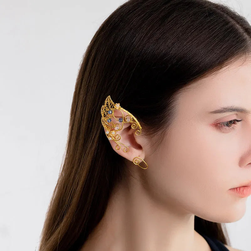Handmade elf leaf shaped ear clip gold pair clip on earrings