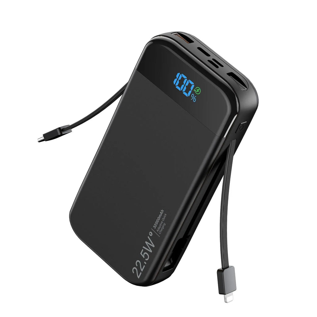 PSE power bank fast charge 32000mAh black and orange with digital display and Type-C cable