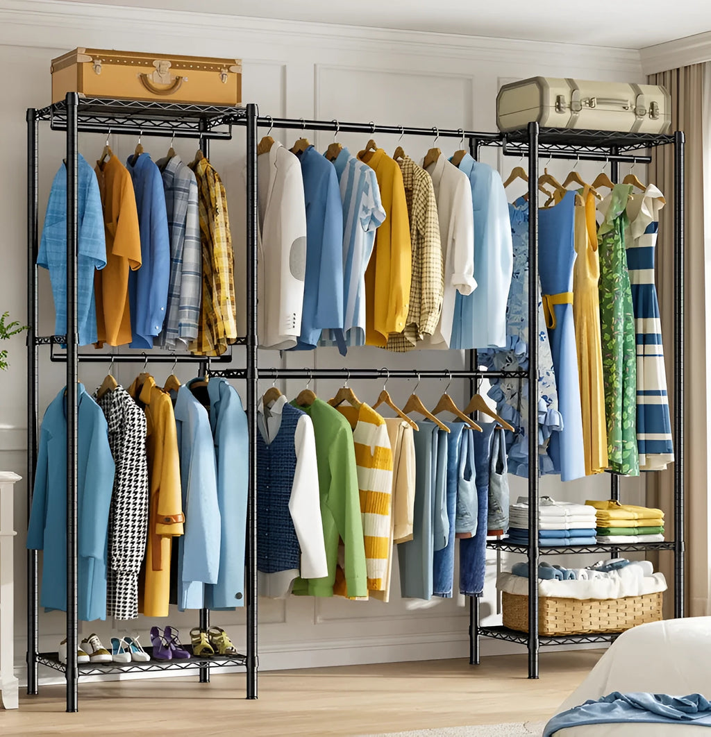 Black freestanding metal garment storage rack for hangers, trousers, and ties