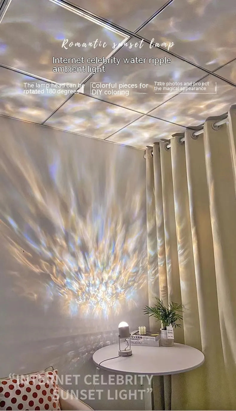 Dynamic water ripple ambience light lamp with desktop stand and ceiling mount options.
