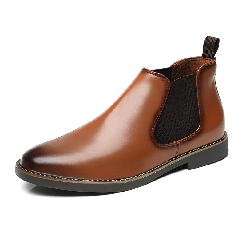 Men's black formal pointed-toe leather boots with a square heel and rubber sole.
