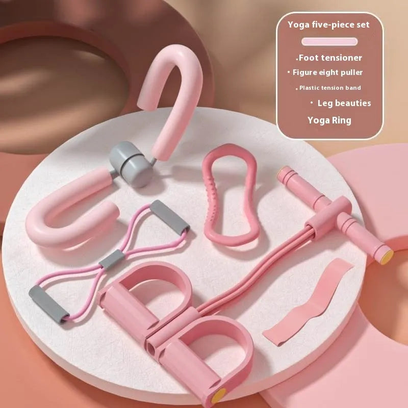 Yoga four piece set showing leg stretcher, yoga ring, pedal tension device and figure eight rope