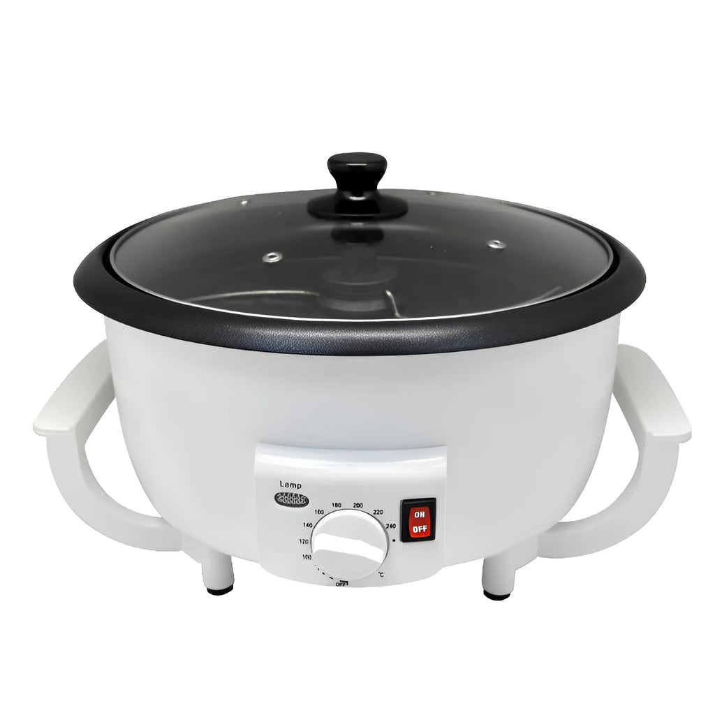 White oblate coffee roasting machine with 750g capacity and 225mm pot bottom diameter