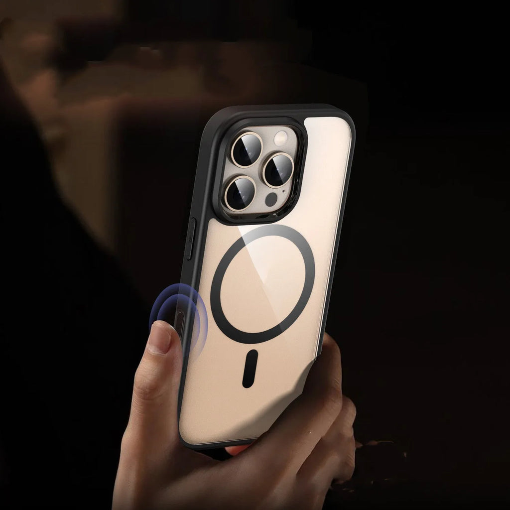Clear black magnetic protective case for iPhone 16 Pro Max showing transparent back and camera cutout.