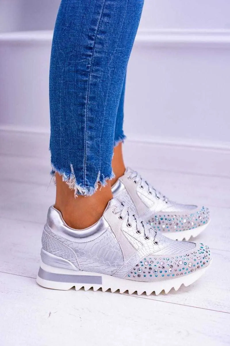 Plus size women's black sports running shoes with rhinestone accents, non-slip rubber sole, and front lace-up closure