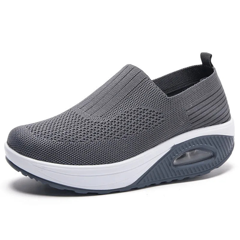 Women's air cushion sports shoe with flying woven mesh upper, non-slip EVA sole and 3-5cm mid heel
