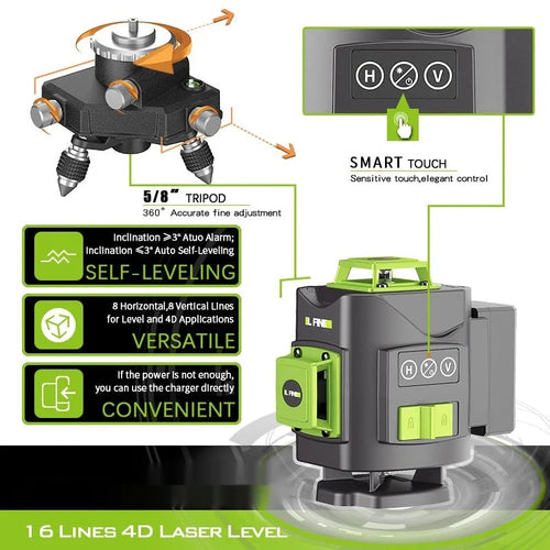 16 line 3D green laser level with nylon and aluminium construction measuring 11x13.5x13.5cm