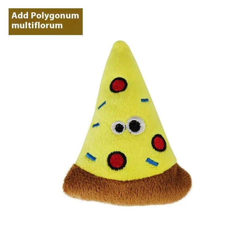Six food-shaped catnip plush toys: burrito, cone, cucumber, mushroom, pineapple, and pizza designs