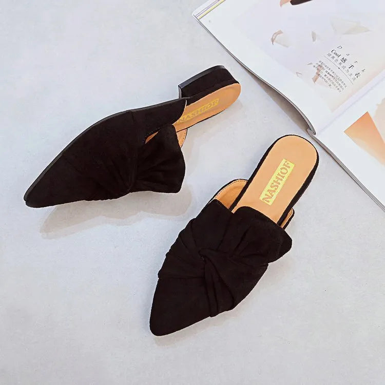 Suede pointed slippers with bow, low square heel 1-3CM, black and beige, sizes 35-39