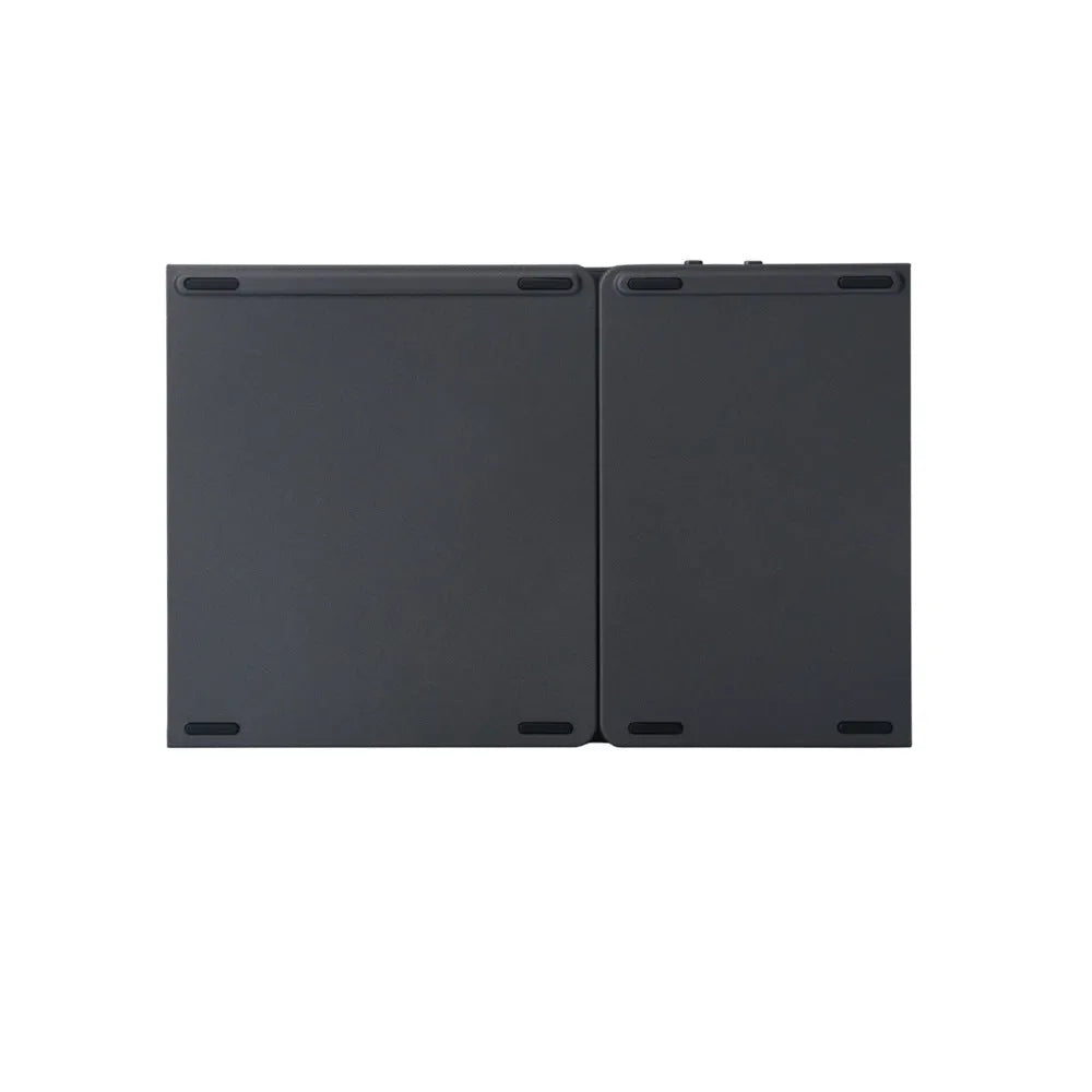Black tri-fold folding Bluetooth keyboard with touchpad, shown both folded and unfolded next to a smartphone.
