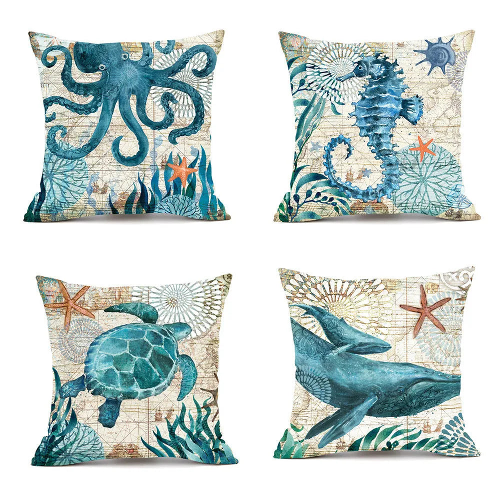 45cm square linen cushion cover with sea turtle pattern and invisible zipper