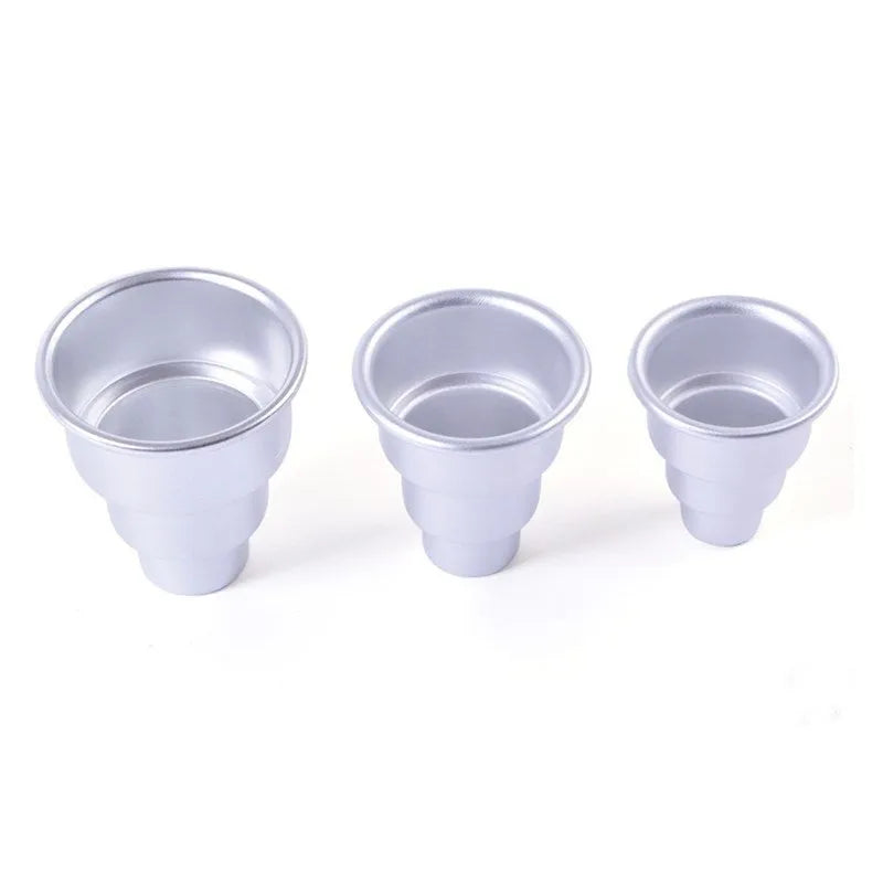 Silver aluminium alloy mini three-layer cake mould set showing large, medium, and small pudding cups.
