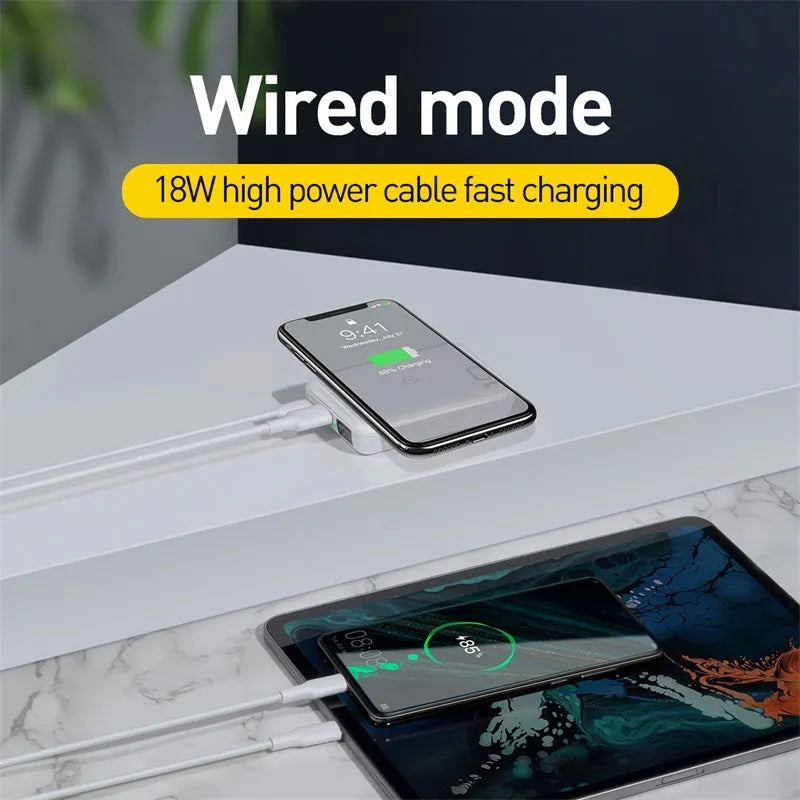 Square black wireless fast charge power bank with LED display showing battery percentage