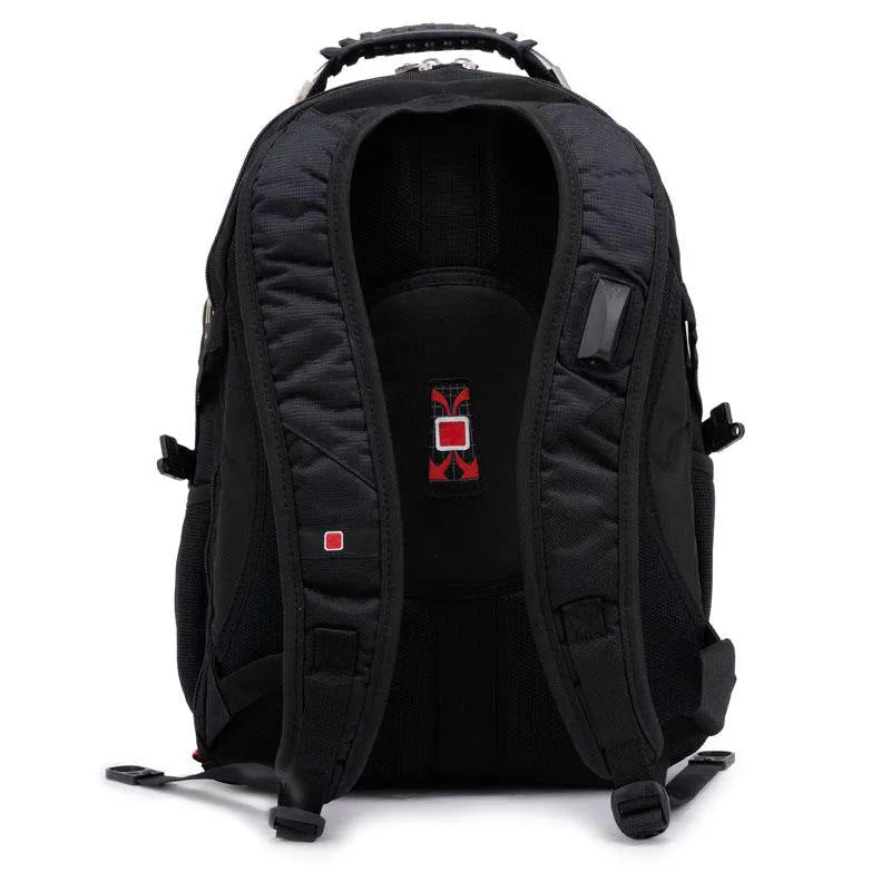 Black business computer backpack with 38-litre capacity showing three compartments for laptop organisation