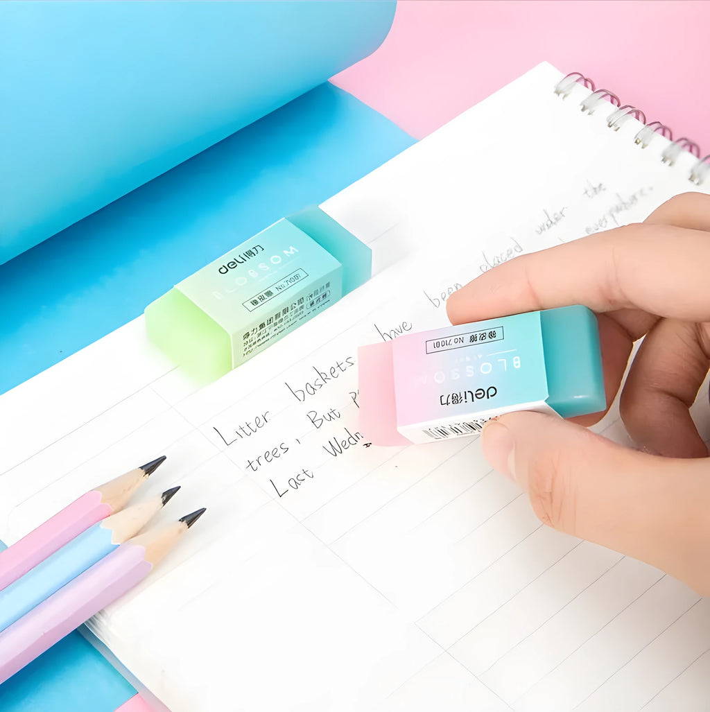 Close-up of a translucent coloured pencil rubber eraser, 4.8cm length, soft edges, for school and art use