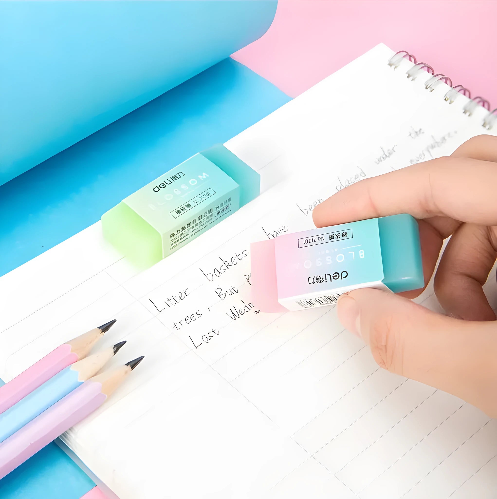 Close-up of a translucent coloured pencil rubber eraser, 4.8cm length, soft edges, for school and art use