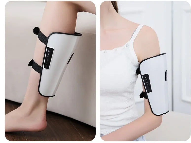 White plastic portable calf massager with electrotherapy pulse and infrared functions.