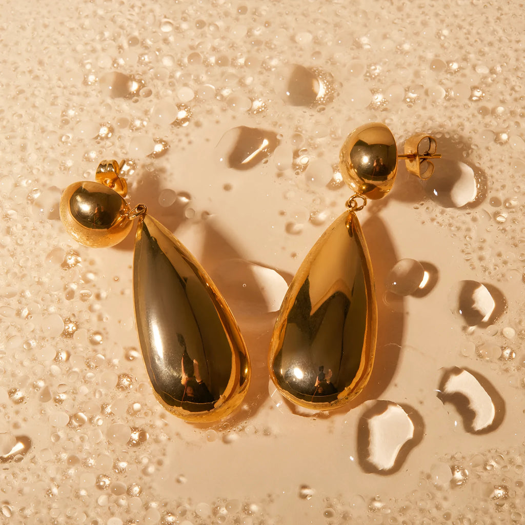 Gold stainless steel hemisphere water drop pendant earrings geometric jewellery design