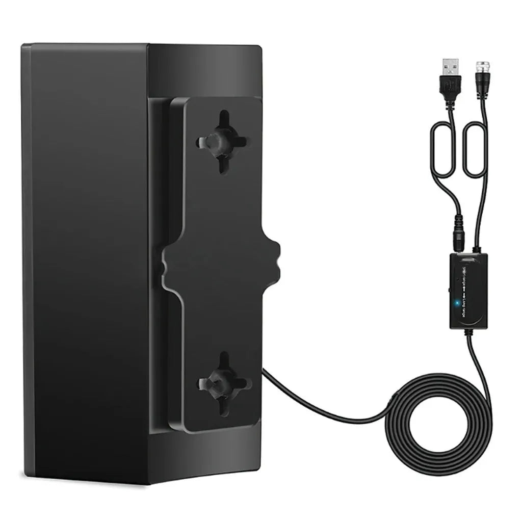 Black digital television antenna with mounting accessories including expansion tubes, screws, and cable ties