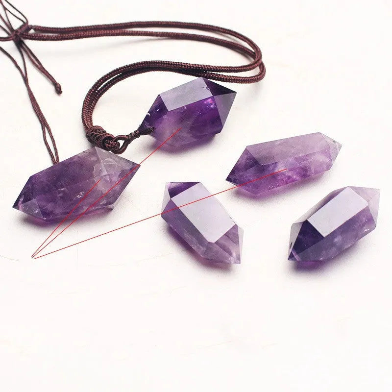 Natural amethyst hexagonal pendant in purple with geometric Korean style, shown as a crystal jewellery piece.