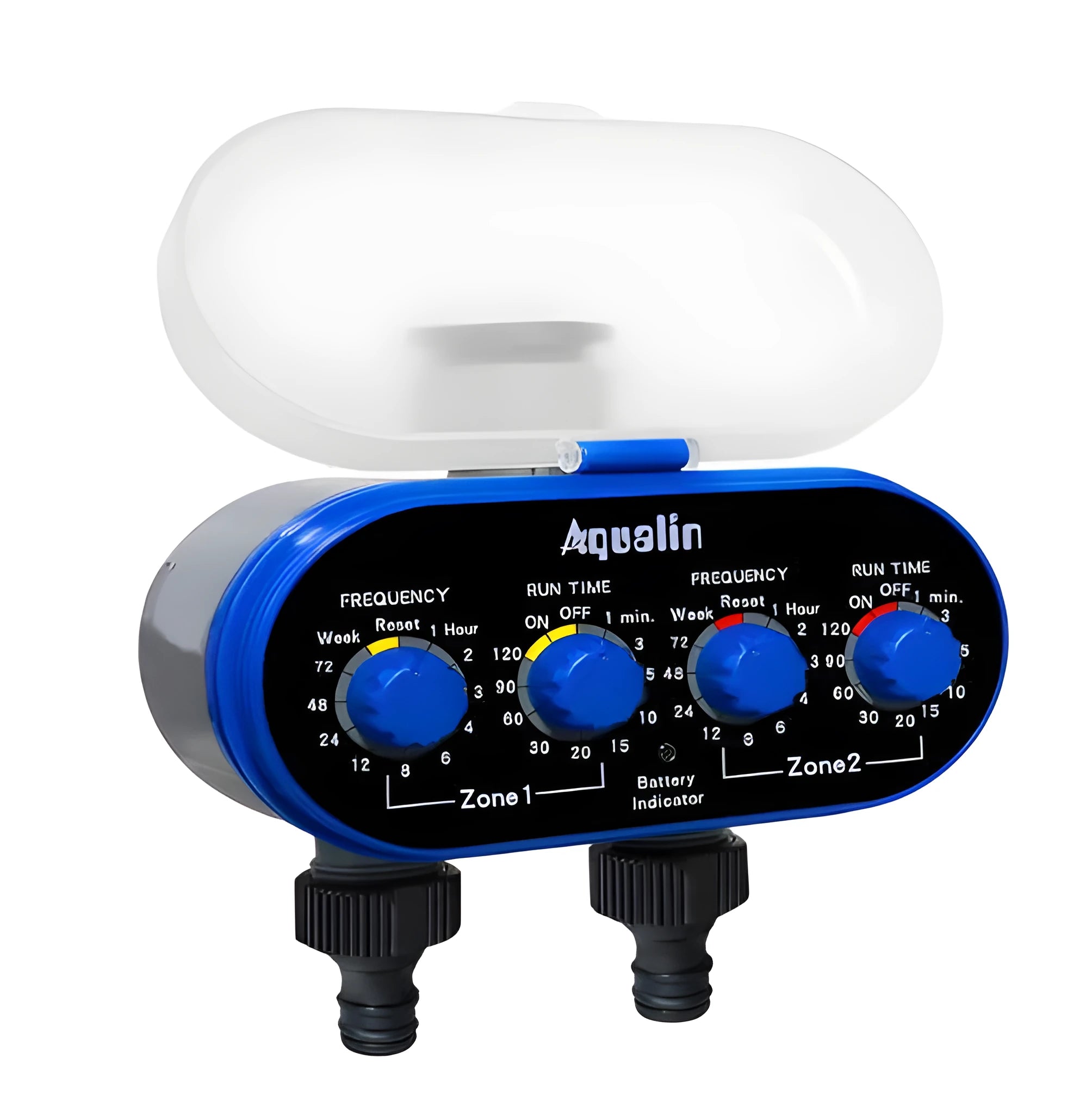 Dual timed irrigation controller with battery compartment and water connection ports