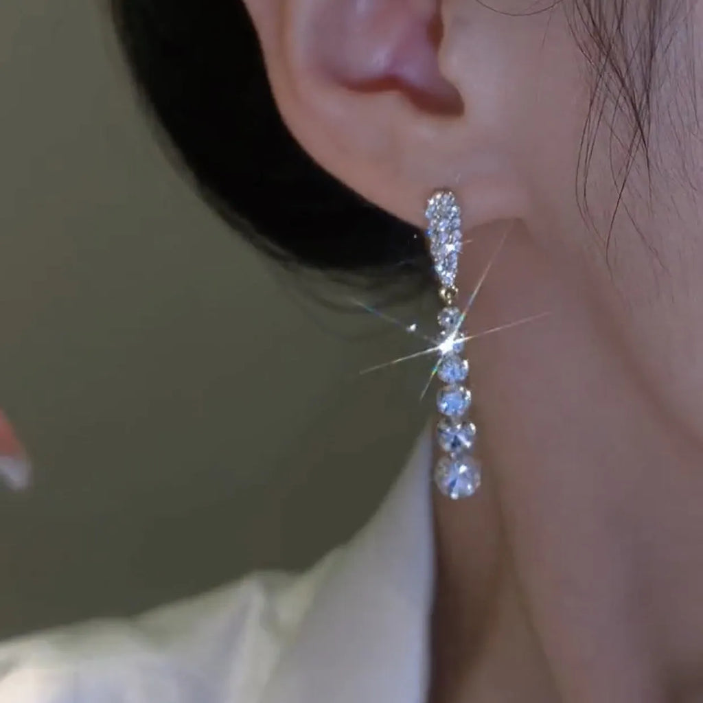 Sterling silver needle rhinestone tassel earrings, drop-shaped Korean style, silver colour, one pair