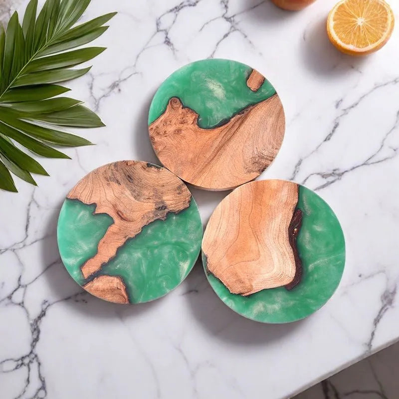 Nordic style wooden coaster in solid colour on a table.