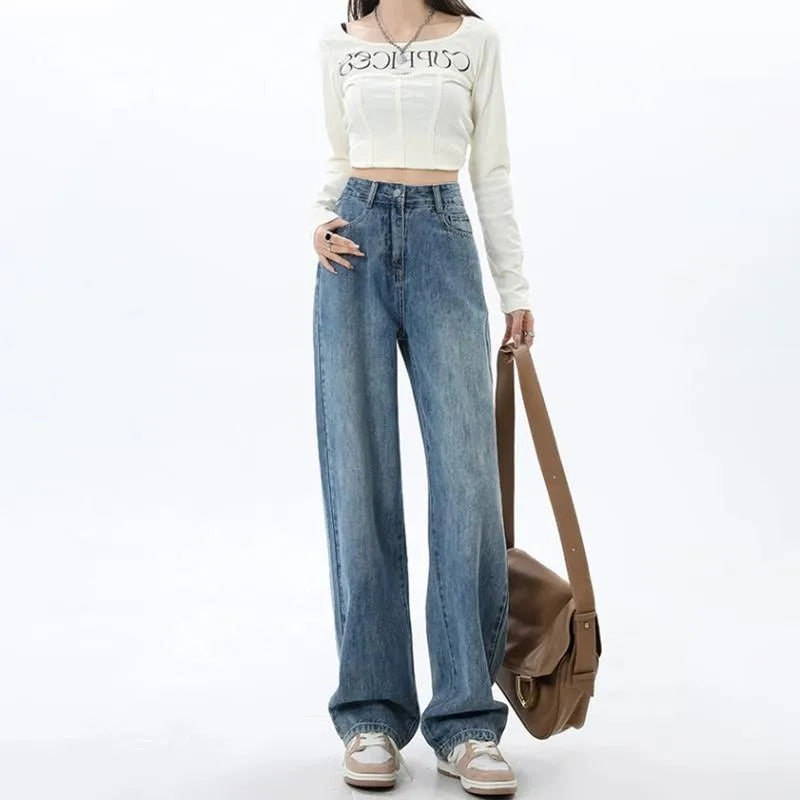 Women's retro blue wide leg jeans with high waist straight cut design and spandex stretch fabric
