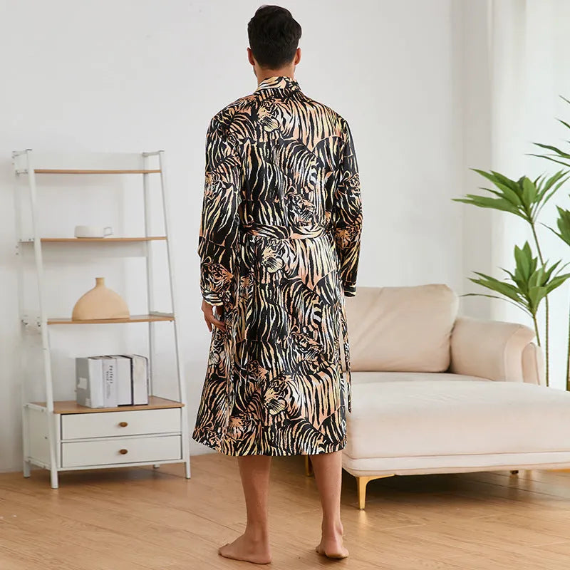 Men's tiger pattern long-sleeve bathrobe and matching shorts set on a hanger