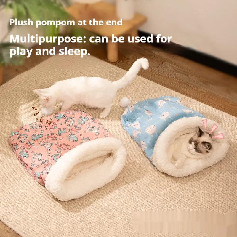Flannel cat sleeping bag nest measuring 50 by 40 centimetres in blue rabbit design