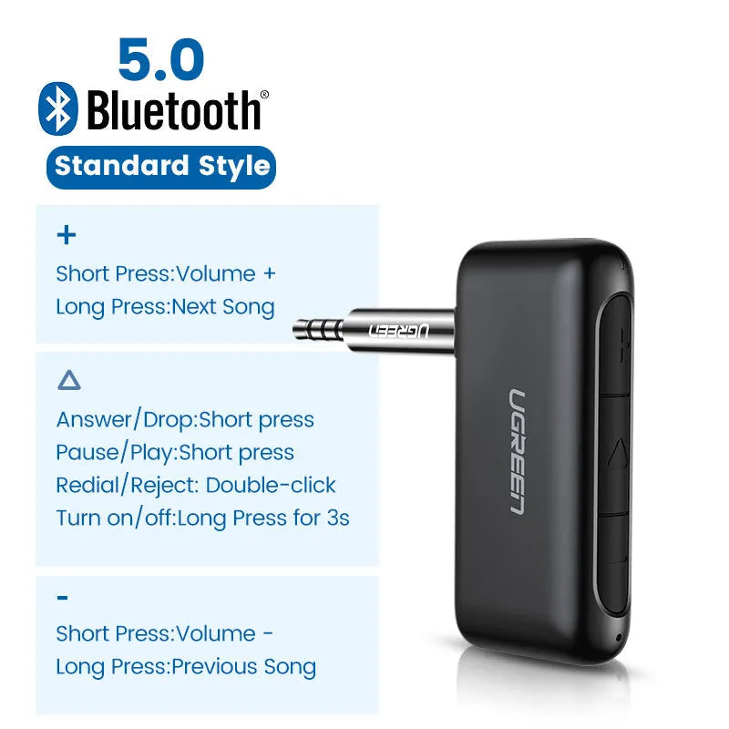 Car AUX Bluetooth receiver with 3.5mm audio output and USB cable for in-car wireless streaming