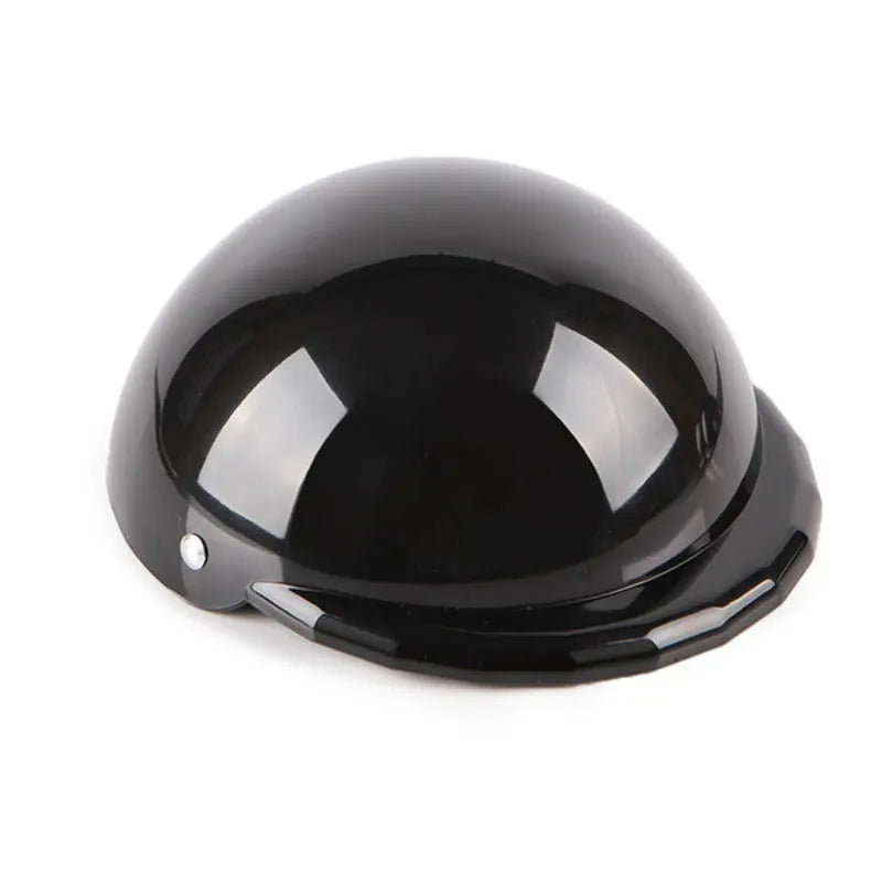 ABS pet toy helmet in black with rivet link belt and sponge pad inside, shown in size S, M or L