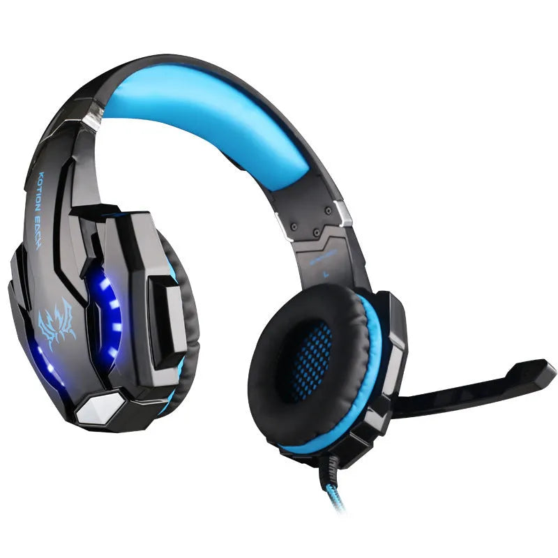 G9000 gaming headset with microphone, black blue colour, over-ear wired design, leather earmuffs, nylon braided cable