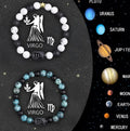 Set of two beaded bracelets featuring natural stone beads and zodiac symbols on an elastic cord.