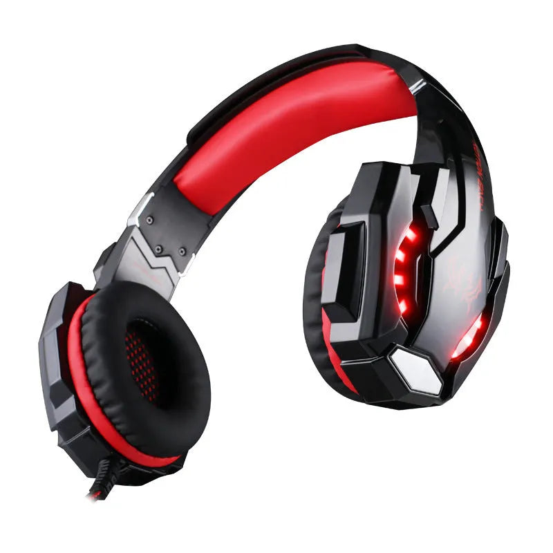 G9000 gaming headset with microphone, black blue colour, over-ear wired design, leather earmuffs, nylon braided cable