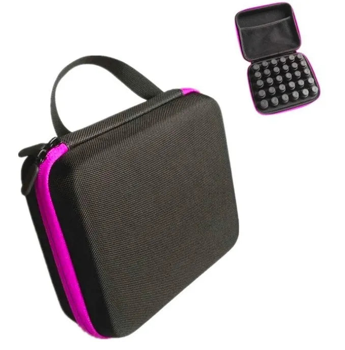 Red EVA essential oil storage bag with 30 clear compartments, shown with bottles, featuring a zip and wall mount.