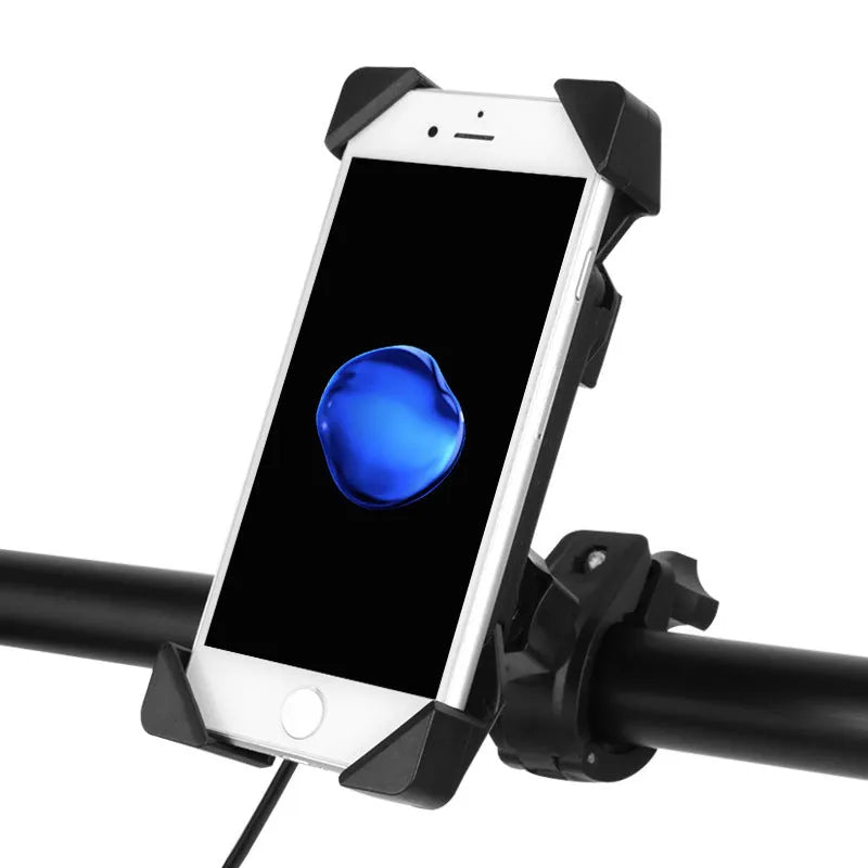 Black motorcycle phone holder mounted on handlebar with charging cable attached