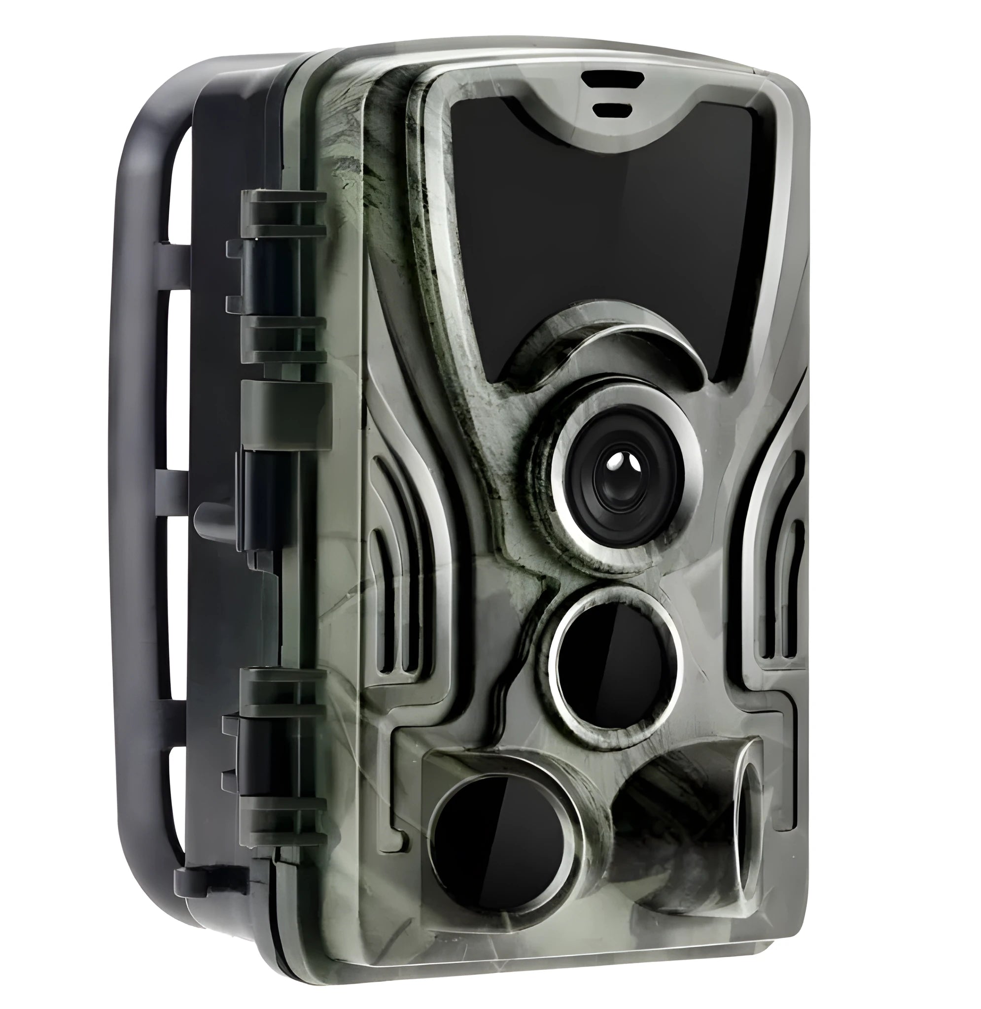 Green camouflage cellular trail game camera for hunting with infrared LEDs.