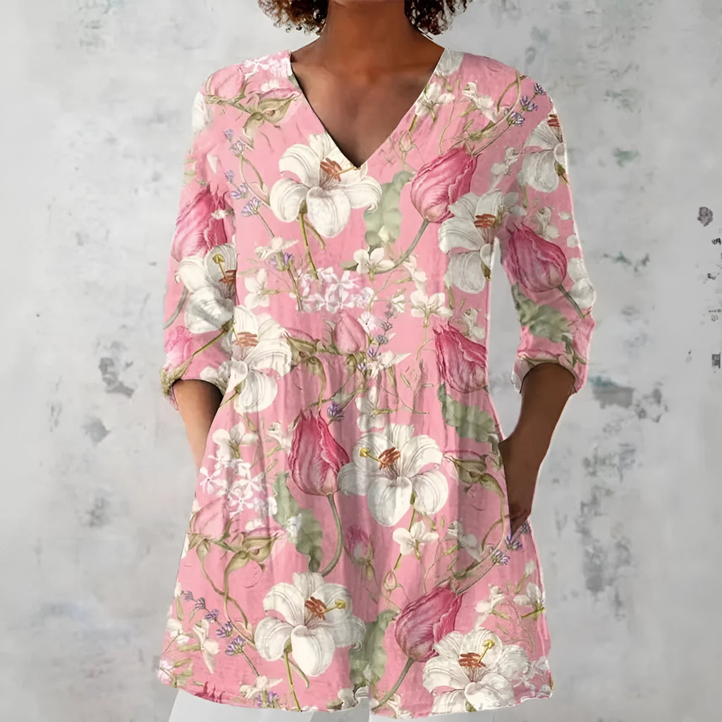 Women's retro slim fit printed long-sleeved top in polyester fabric with digital printing