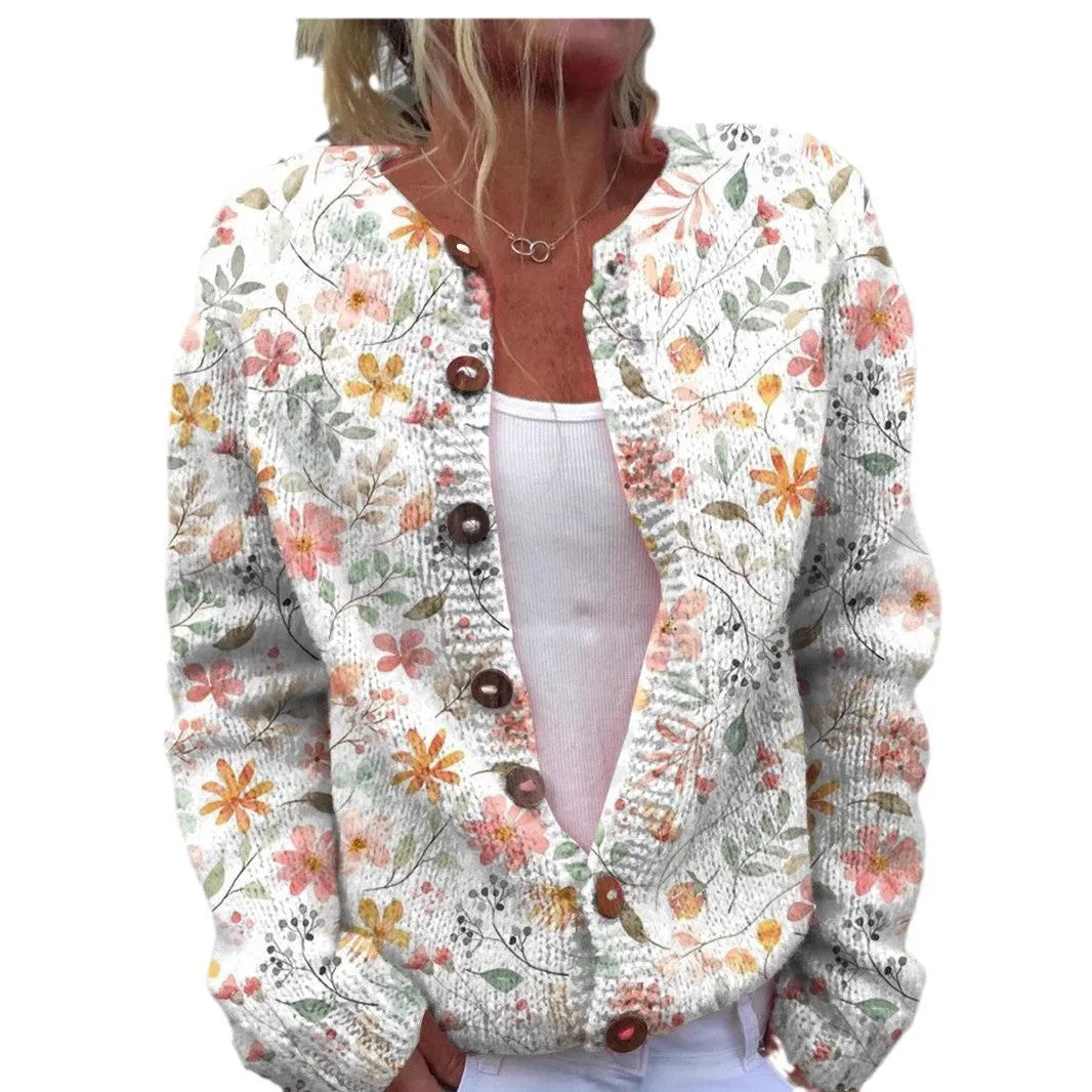 Women's 3D digital printing cardigan knitted coat with stereoscopic pattern, loose fit, and long regular sleeves