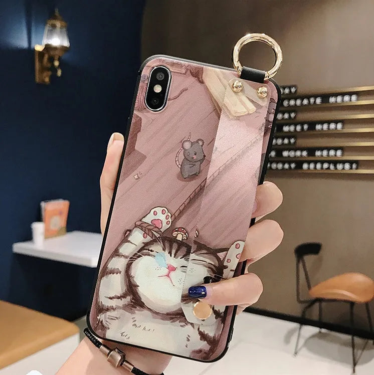 Rose flower design wrist strap phone case compatible with iPhone models in multiple style options